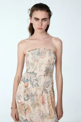 Robe bandeau smockée - Beige clair/motif — photo 1