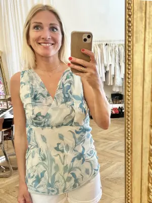 Top à bretelles large décolleté V en mousseline de soie fleurie beige et turquoise Taille 38 — photo 2