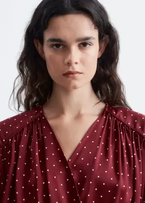 Robe portefeuille à col en V - Rouge foncé/Pois — photo 4