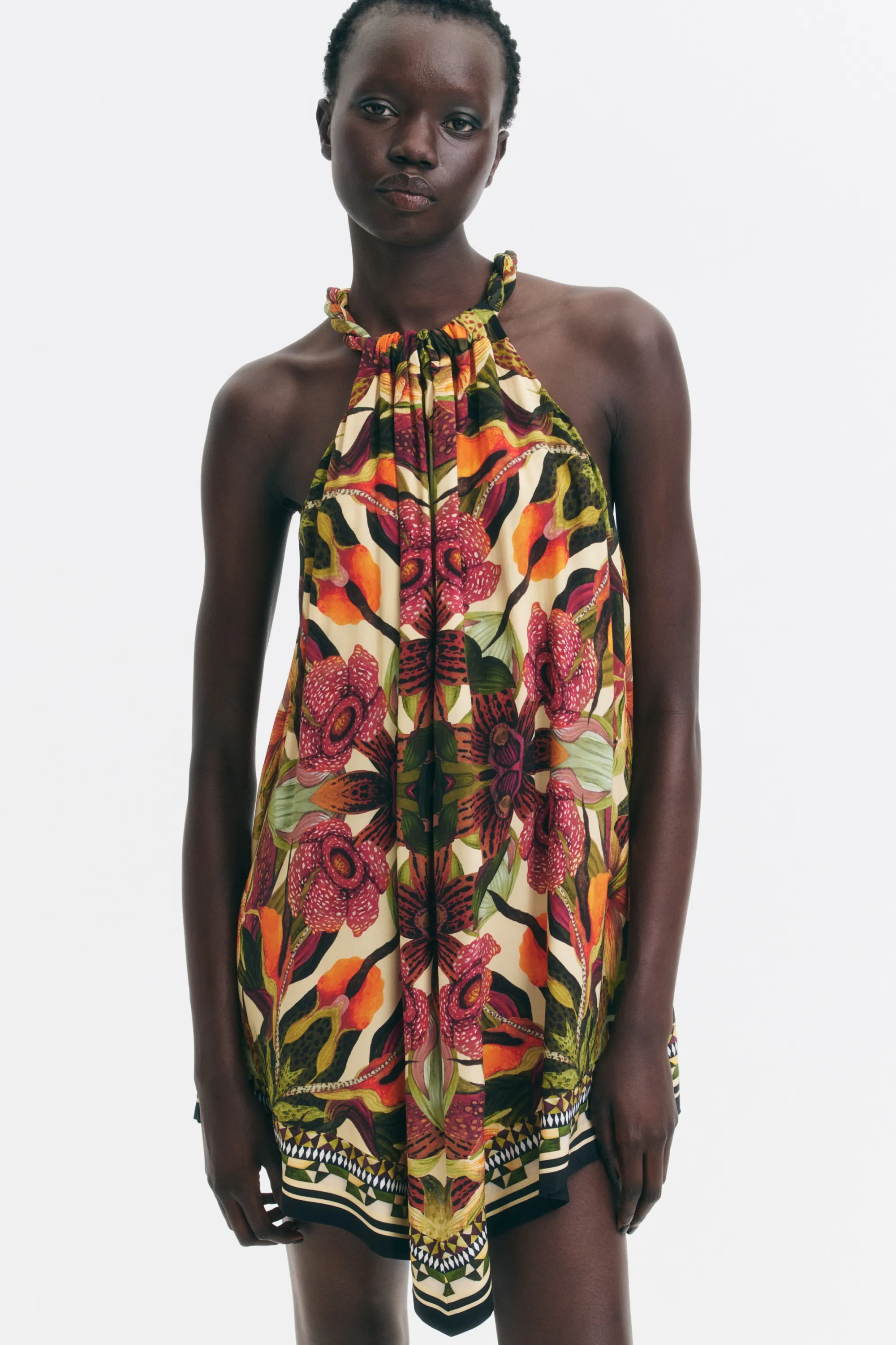 Robe à motif avec base en pointe - Orange vif/fleuri