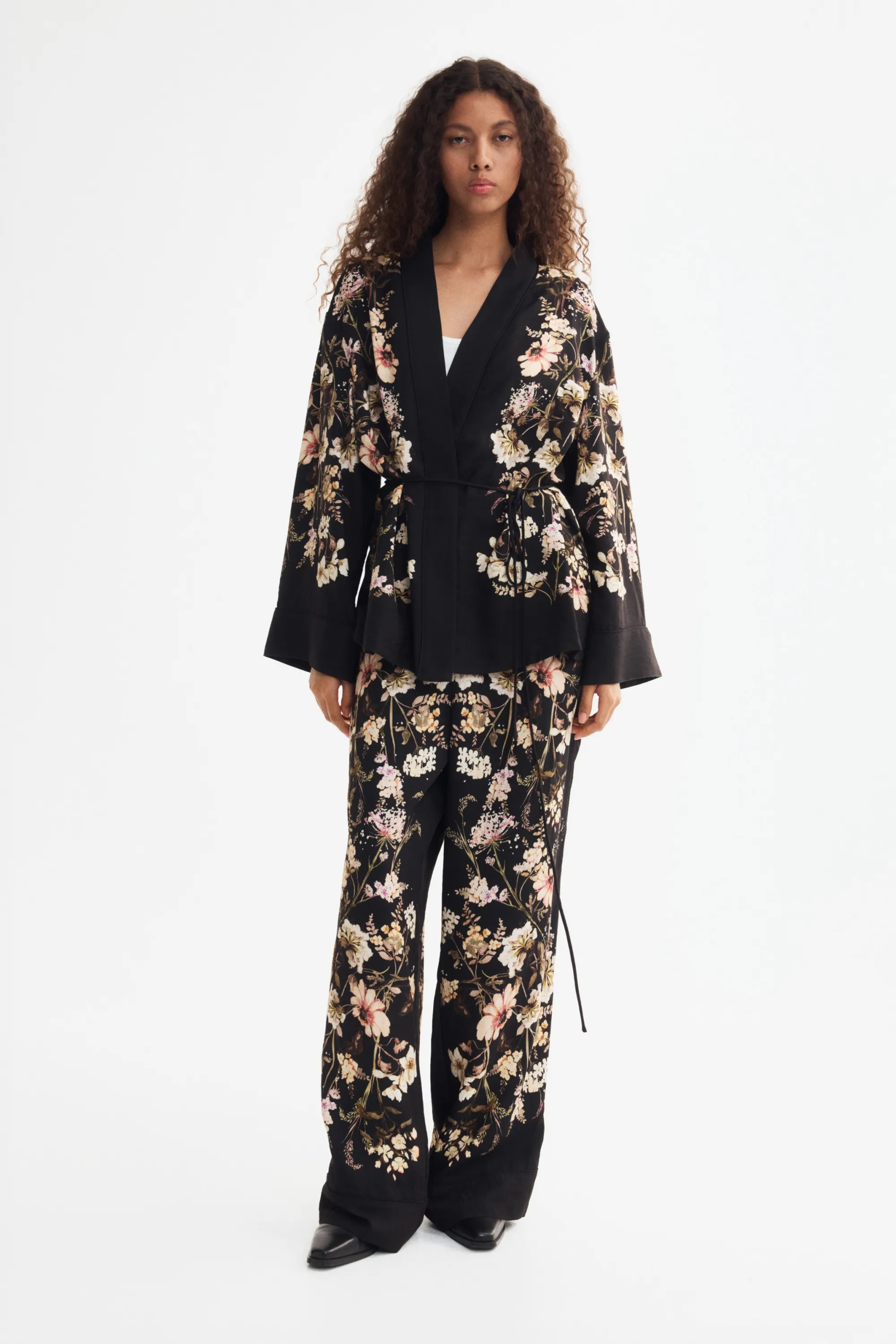 Pantalon en twill avec taille élastique - Noir/fleuri