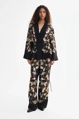 Pantalon en twill avec taille élastique - Noir/fleuri — photo 1