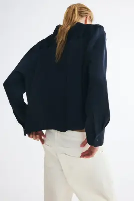 Chemise en twill satin avec cordon de serrage - Bleu marine — photo 3