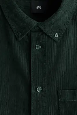Chemise Regular Fit en velours côtelé - Vert foncé — photo 5