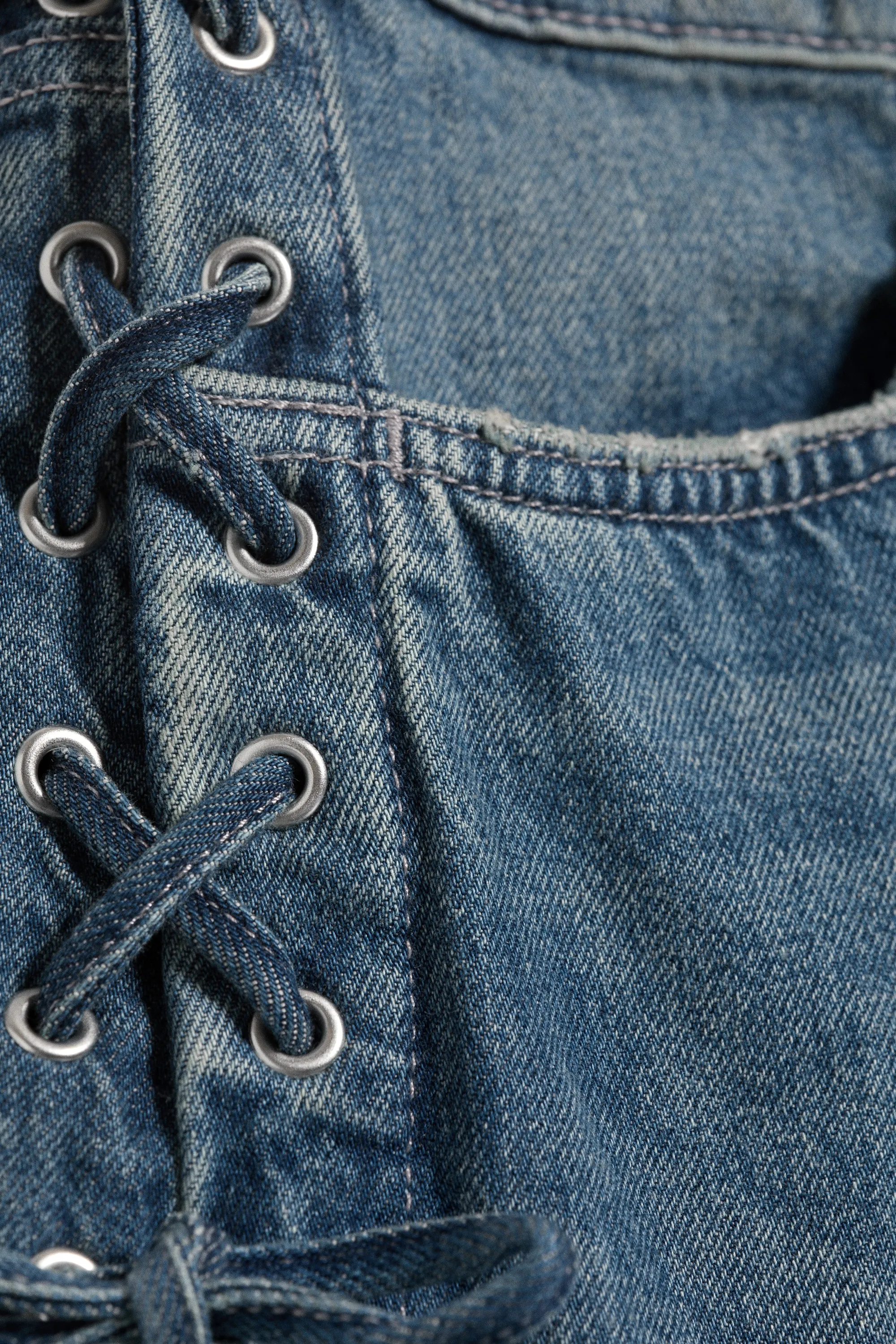 IMOO JEAN TAILLE BASSE COUPE AMPLE JAMBE LARGE À LACETS - Lace Up Blue - Bleu Moyen