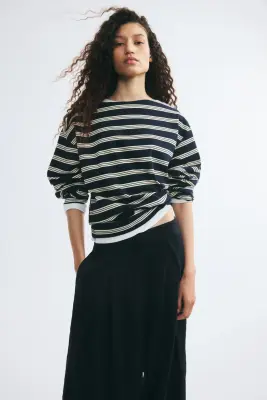 Top à encolure bateau avec manches longues - Bleu marine/rayures blanches — photo 2