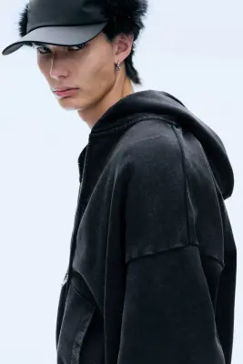 Sweat à capuche ample épais zippé - Worn Black — photo 2
