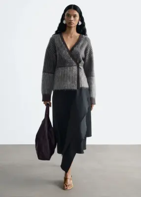 Gilet cache-cœur en mohair mélangé - Rayures grises/marron — photo 1