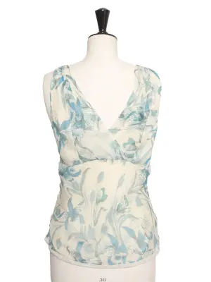 Top à bretelles large décolleté V en mousseline de soie fleurie beige et turquoise Taille 38 — photo 4