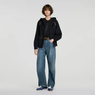 Manteau à capuche en laine et cuir