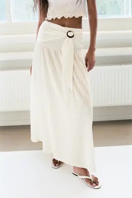 Jupe froissée avec ceinture à nouer - Crème — photo 4