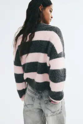 Pull façon polo en maille côtelée - Gris foncé/rose clair — photo 2