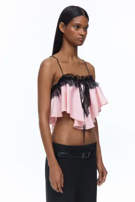 Crop top en satin avec dentelle - Rose clair/noir — photo 2