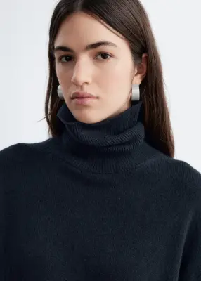 Pull à col roulé en laine et coton - Bleu foncé — photo 1