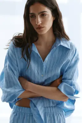 Chemise en lyocell mélangé - Bleu clair — photo 3