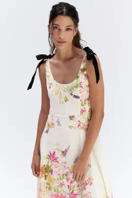 Robe avec bretelles à nouer et jupe évasée - Blanc/fleuri — photo 2
