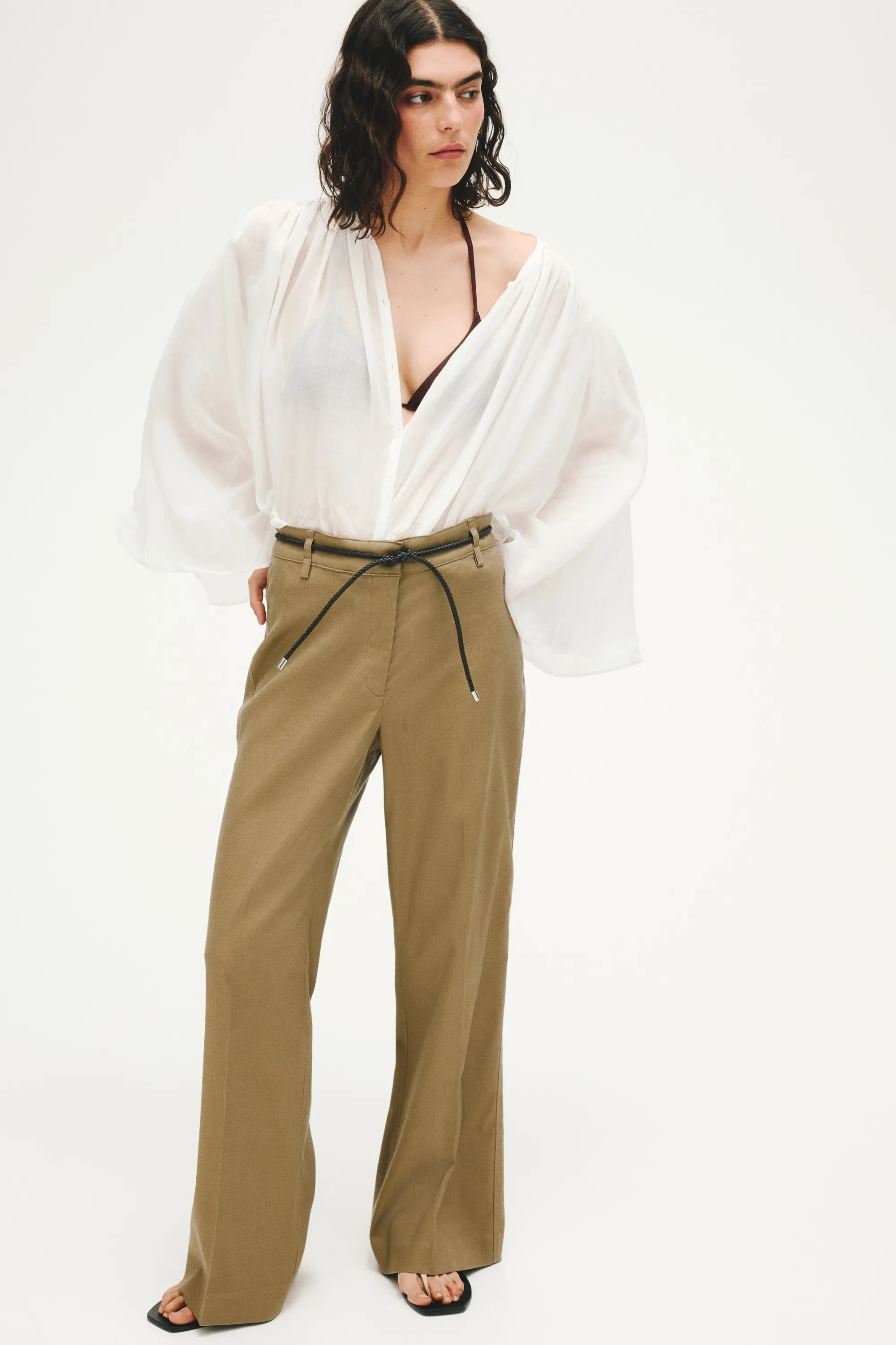 Pantalon bootcut en lin mélangé - Vert kaki