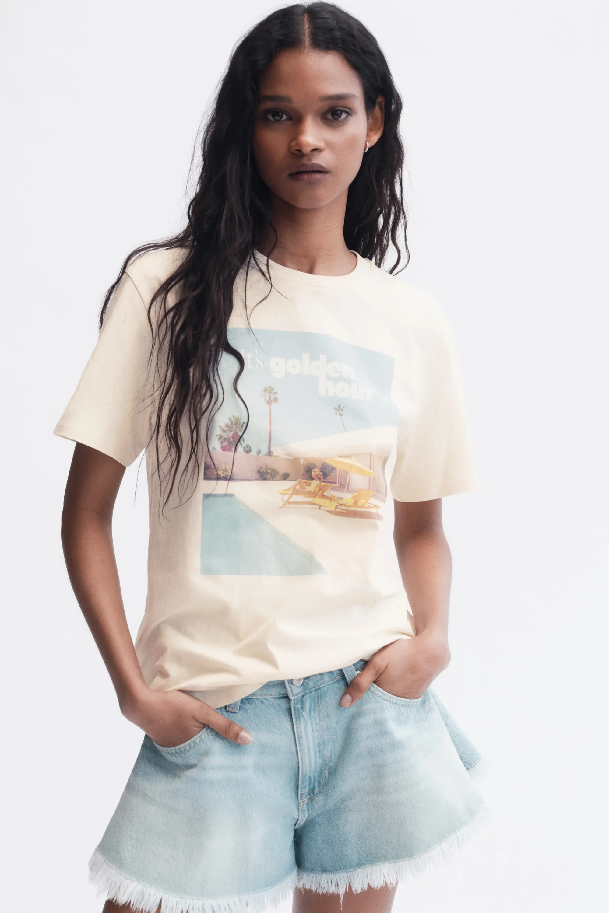 T-shirt imprimé en coton - Beige clair/Golden Hour