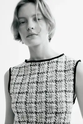 Robe frangée en maille bouclette - Crème/carreaux noirs — photo 1