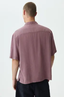 Chemise Relaxed Fit en lin mélangé avec col cubain - Rouge ancien — photo 4