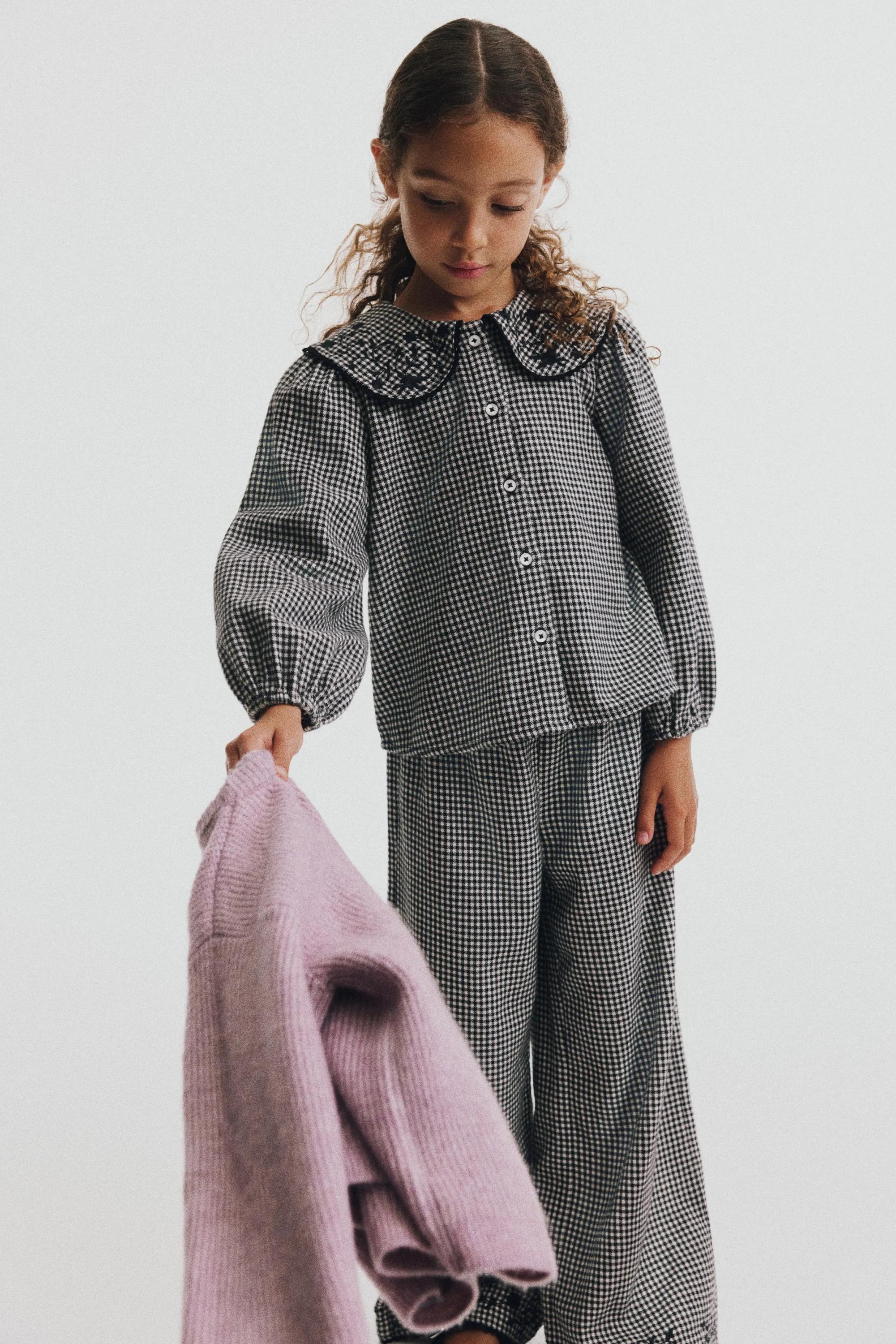 Pantalon en coton avec détails brodés - Noir/carreaux
