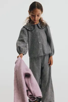 Pantalon en coton avec détails brodés - Noir/carreaux — photo 1