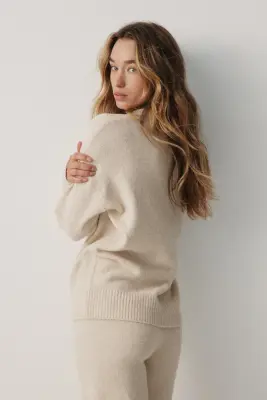 Pull façon polo en maille torsadée - Beige — photo 2