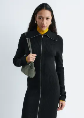 Robe midi côtelée avec fermeture éclair à l’avant - Noir — photo 2