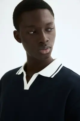 Relaxed Fit Textured-knit polo shirt - Bleu marine — photo 1