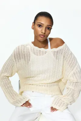 Pull en maille pointelle - Beige clair — photo 3