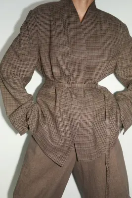 Blazer oversize avec ceinture - Beige foncé/carreaux — photo 4