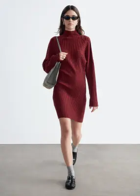 Robe côtelée à col montant - Rouge foncé — photo 2