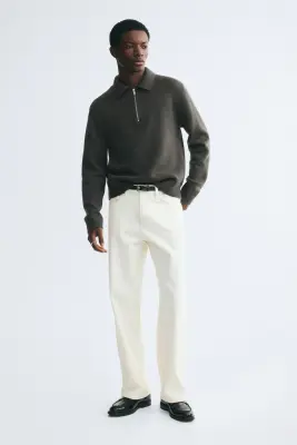 Polo Regular Fit en laine - Vert kaki foncé — photo 2