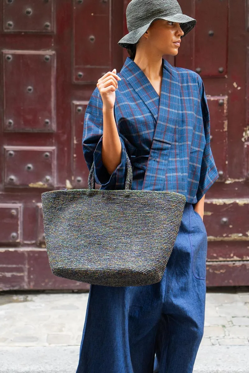 Grand Sac en Raphia Bleu Boisé