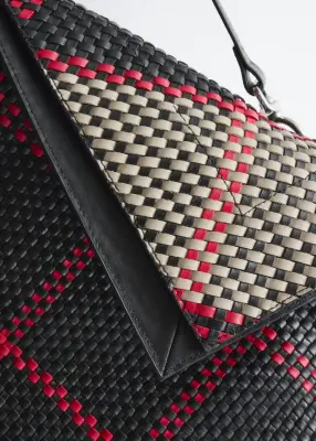 Sac porté épaule en cuir tressé - Rouge/Beige/Noir — photo 2