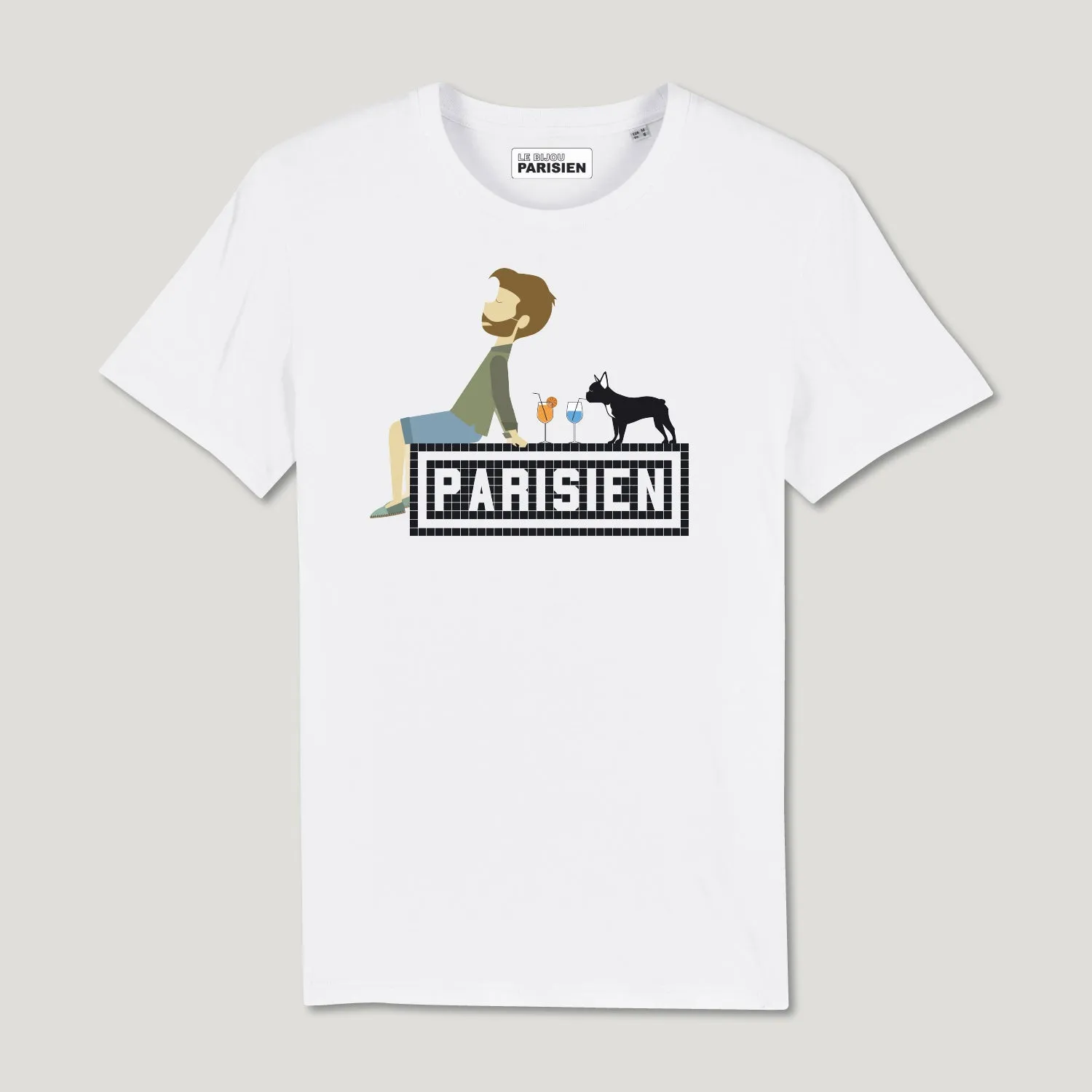 T-SHIRT COTON BIO IMPRIMÉ – PARISIEN AVEC SON BOULEDOGUE - BLANC