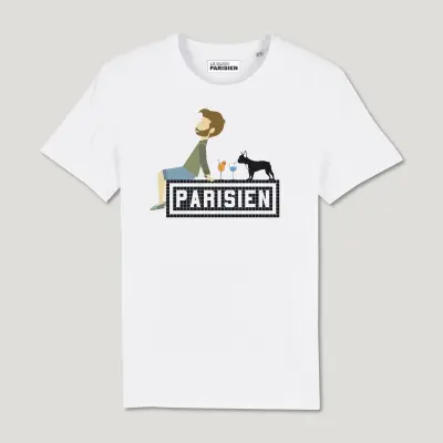 T-SHIRT COTON BIO IMPRIMÉ – PARISIEN AVEC SON BOULEDOGUE - BLANC