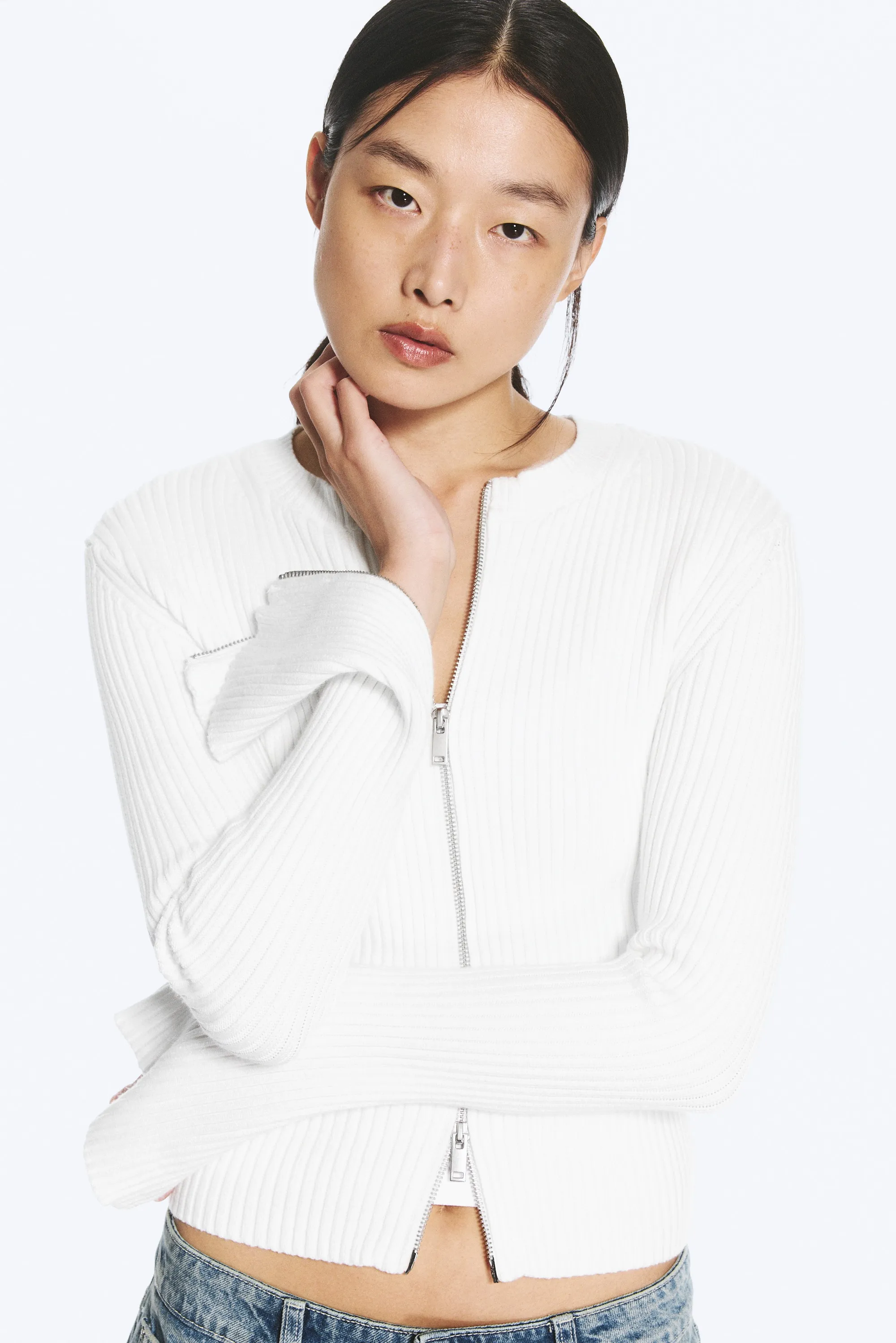 Cardigan zippé côtelé ajusté - Blanc cassé
