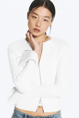 Cardigan zippé côtelé ajusté - Blanc cassé — photo 1