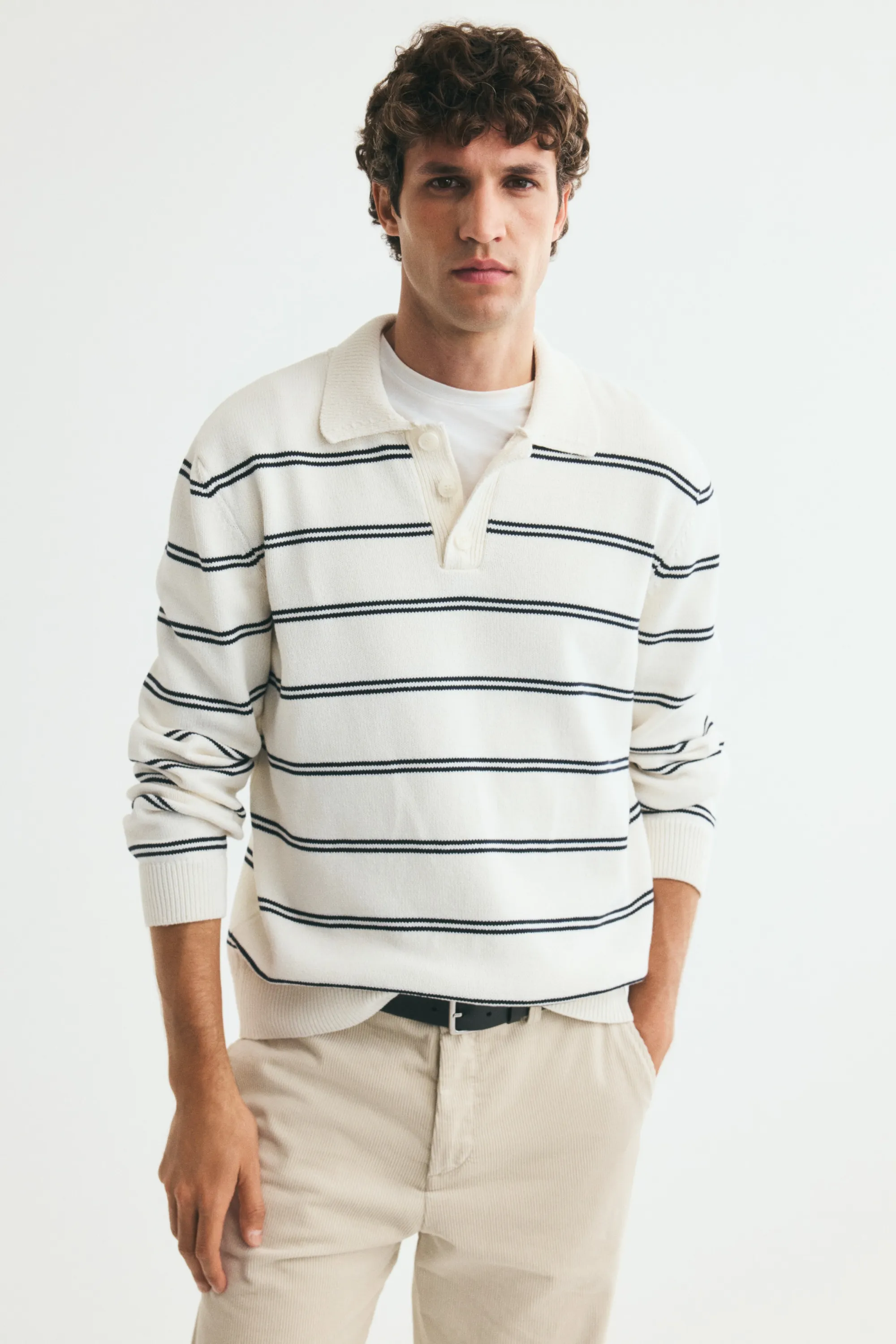 Polo Regular Fit en maille - Crème/rayé