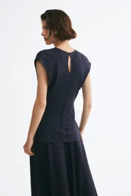 Top à effet drapé avec mancherons - Bleu foncé/carreaux — photo 2