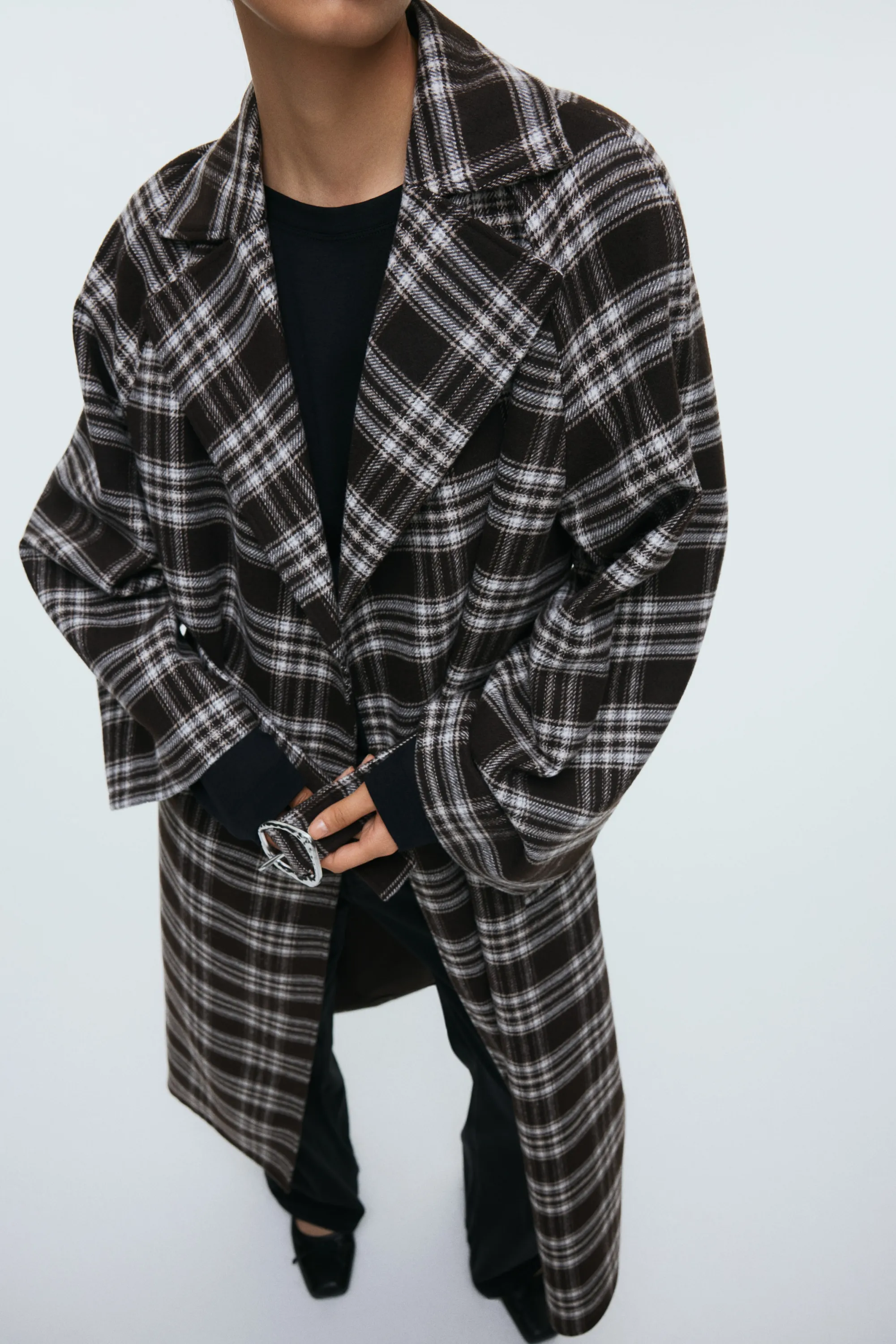 Manteau maxi avec ceinture - Marron foncé/carreaux