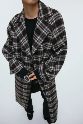 Manteau maxi avec ceinture - Marron foncé/carreaux — photo 1