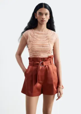 Short à taille haute froncée - Rouille — photo 3