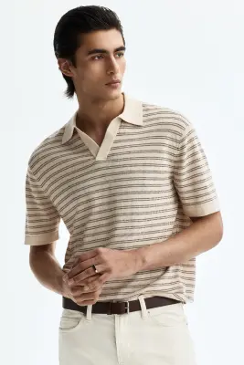 Polo Regular Fit en lin mélangé - Beige/rayé — photo 2