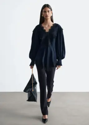 Blouse en crêpe à finitions en dentelle - Bleu/Noir — photo 2