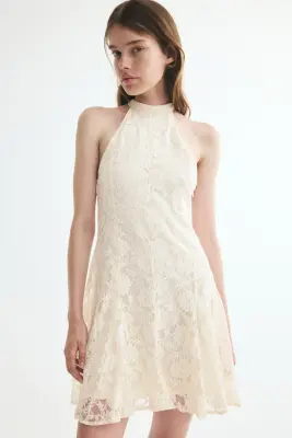 Robe à plis godets en dentelle - Crème — photo 3