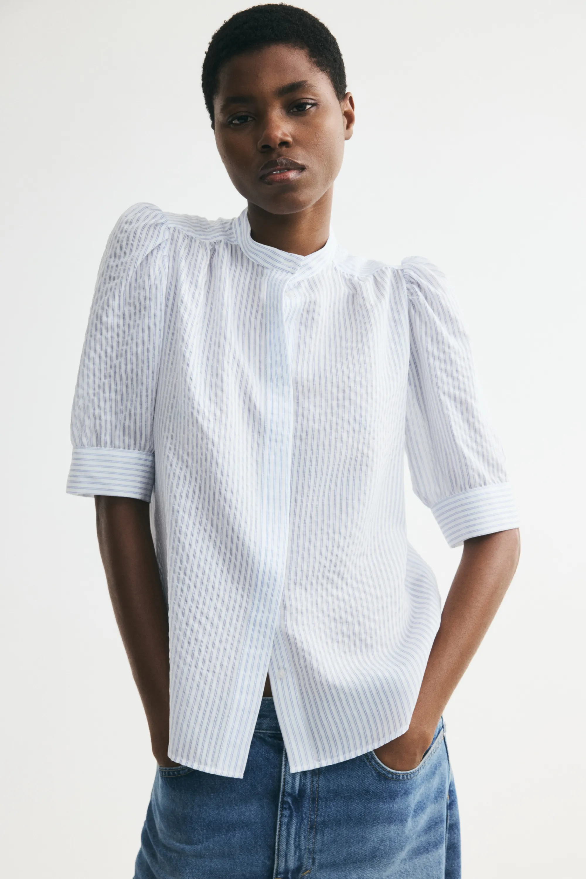 Blouse à manches bouffantes - Bleu/rayé