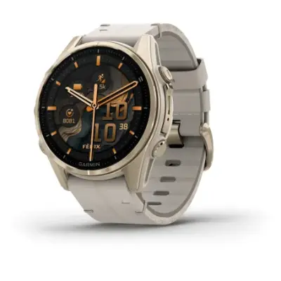 Garmin Fenix 8 Amoled 43mm Verre Sapphire lunette Soft Gold bracelet cuir beige crème + silicone gris cendré 010-02903-40 — photo 2