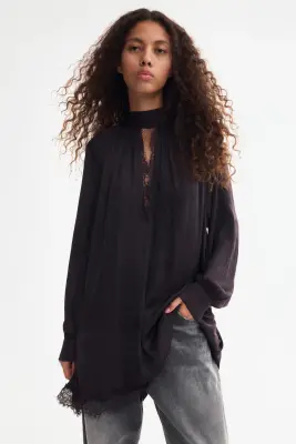 Robe à manches ballon avec dentelle - Violet foncé — photo 2